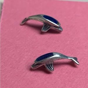 Sterling silver and lapis dolphin earrings 
EUC